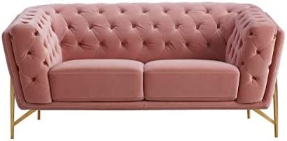 Limari Home Bianka Collection Modern Style Velvet Fabric Upholstered Diamond Tufted Loveseat with Contrast Exposed Stitching and Hairpin Gold Legs, Salmon
